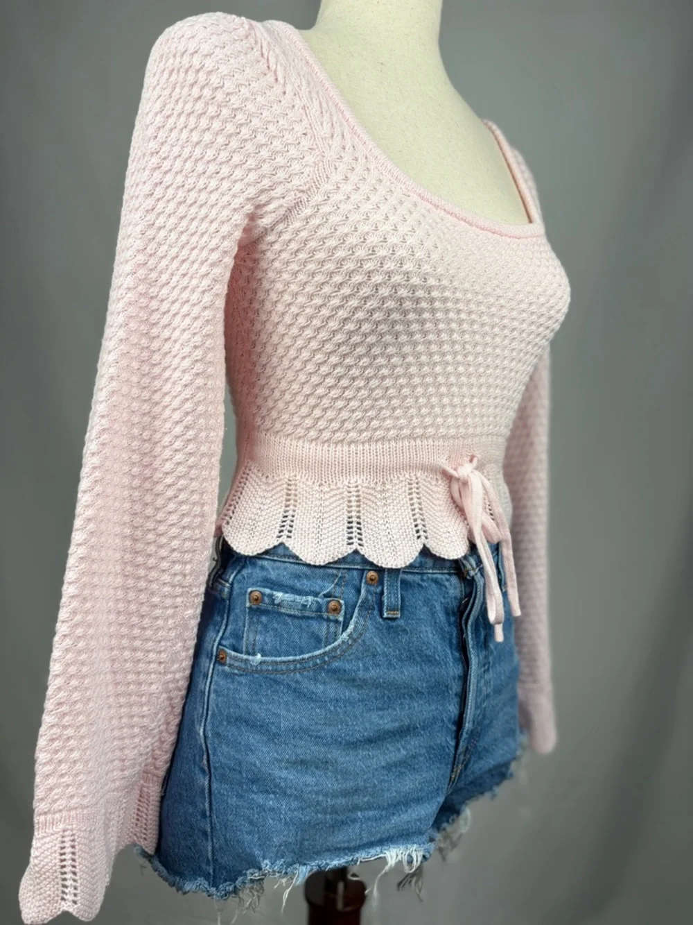 Altar’d State Blush Pink Knit Tie Front Peplum Top XS Boho Feminine - Picture 3 of 6